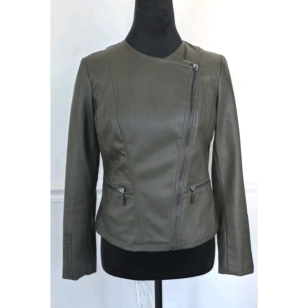 Alfani Petite PP Olive Green Faux Leather Moto Jacket Whipstitch Zip Front